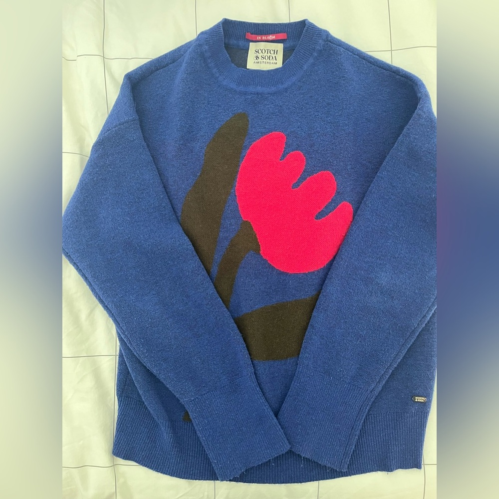 Scotch & Soda Blue Sweater with Red Floral Accent